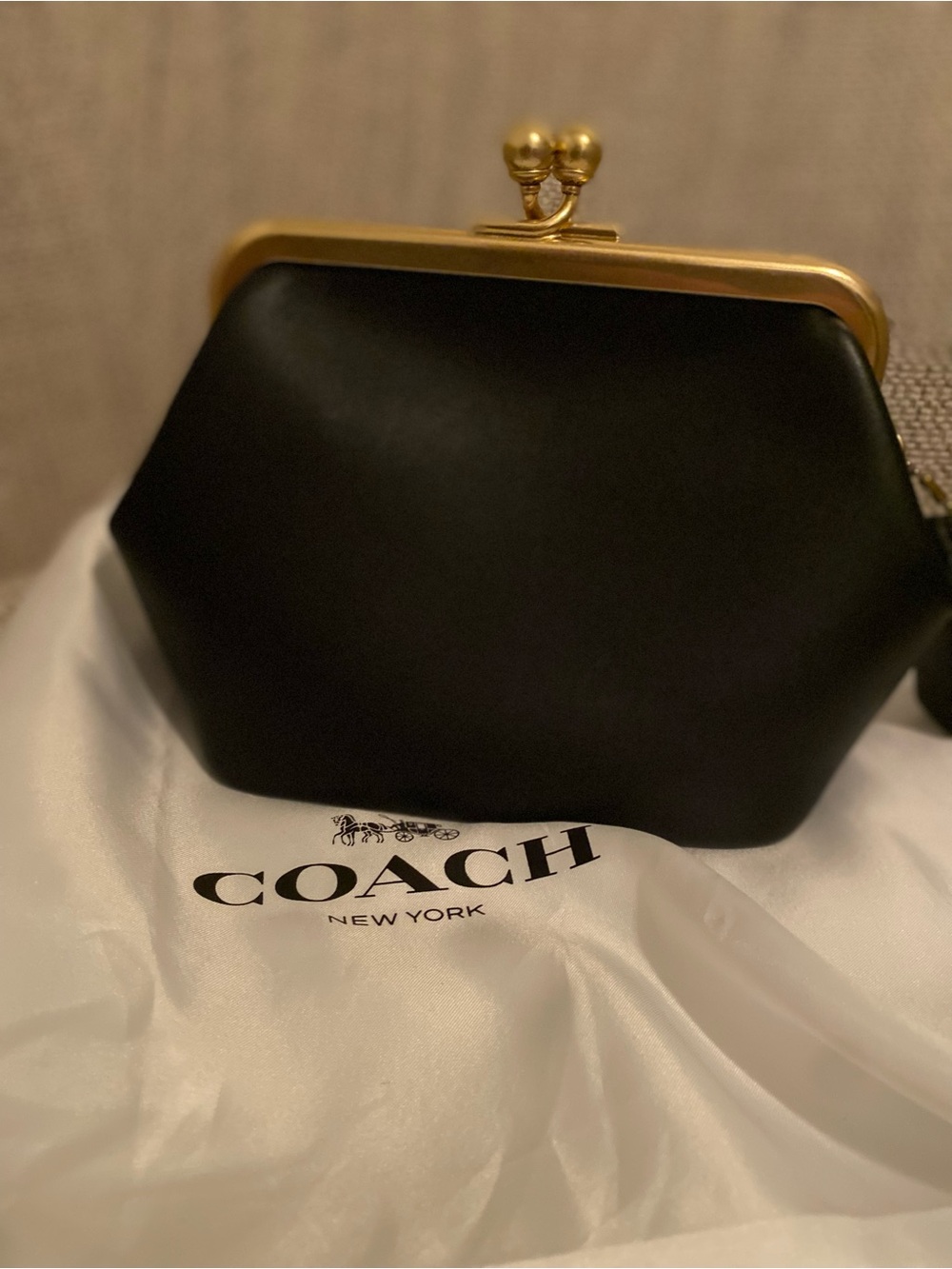 Coach Black Leather Kiss-Lock Frame Wristlet with Gold Hardware